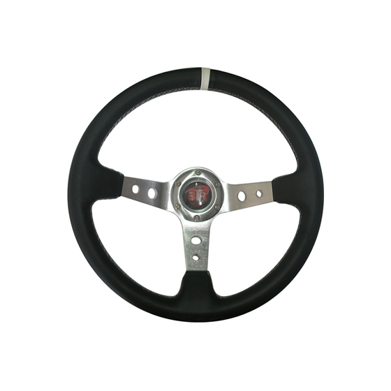 Volante WRC de piel lisa negro/plata costura blanca 350mm